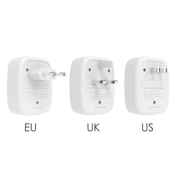 Adapter |   3-in-1 5V 2.5A Phone Wall Charge with Dual USB Ports Lighting & Sound Sensor Wall Lights White Adapter Adapter