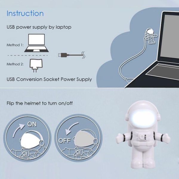 Adapter |   Spaceman Astronaut Shape LED Mini Night Light  Keyboard Lamp USB Charging Port Design Flexible Bendable Hose Portable for Student Office Worker Computer White Adapter Adapter