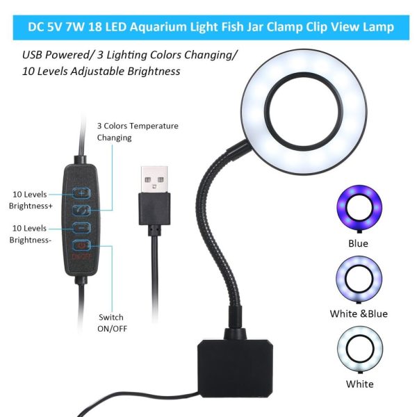 Ballasts |   DC 5V 7W 18 LED Aquarium Light USB Powered Fish Jar Clamp Clip View Lamp Black LED Lighting Ballasts