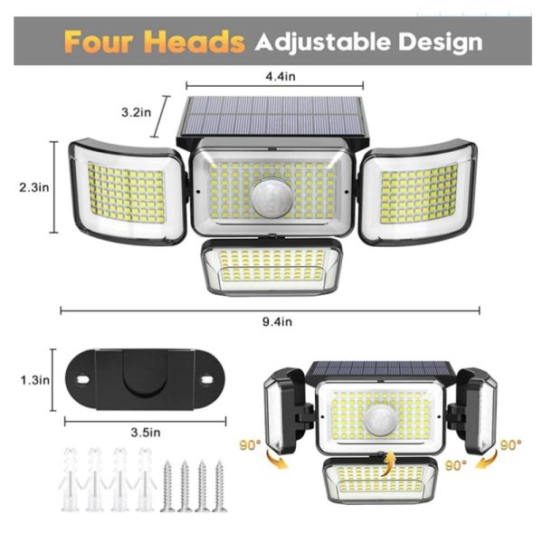 Headlights |   Solar Lights Outdoor 288 LEDs Solar Sensor Lamp 4 Heads Adjustable Motion Sensor Lights Black Headlights Black