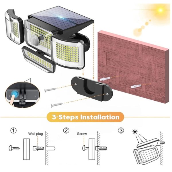 Headlights |   Solar Lights Outdoor 288 LEDs Solar Sensor Lamp 4 Heads Adjustable Motion Sensor Lights Black Headlights Black