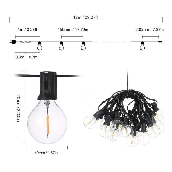 Lawn Lamps |   12m/39.37ft E12 Base G40 LED String Light with 25 Sockets 28 Bulbs Black Wire Lawn Lamps Black Wire