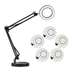 Novelty lighting |   Flexible Clamp-on Table Lamp with 5x Magnifier Swing Arm Dimmable LEDs Desk Light Black LED Lighting Black