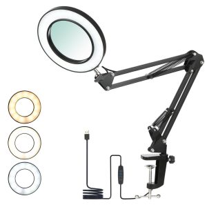 Novelty lighting |   Flexible Clamp-on Table Lamp with 8x Magnifier Swing Arm Dimmable LEDs Desk Light Black LED Lighting Black