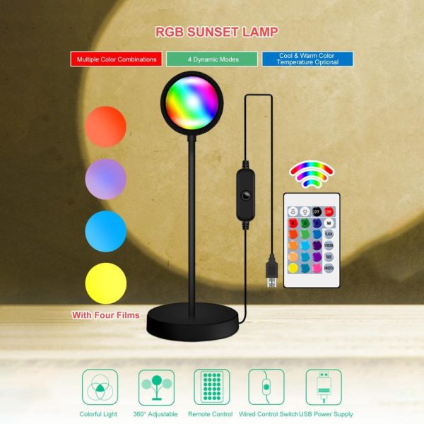 Other |   RGB Sunset Atmosphere Lamp 360° Adjustable Sunset Projection Light with Remote Controller(RGB + Warm White) Black LED Lighting Black