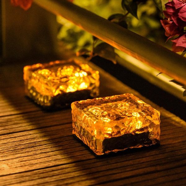 Other |   Solar Lawn Lamp Outdoor LED Ice Cube Lamp Crystal Brick Glass Lawn Lamp Garden Light Waterproof Pathway Decoration Yellow LED Lighting Other