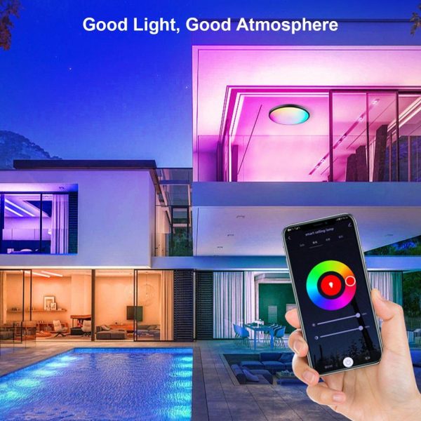 RGB Controlers |   RGBCW Ceiling Lamp Full Color Dimming APP BT Remote Control Intelligent Voice Control Bedroom Round Ceiling Lamp Black LED Lighting Black